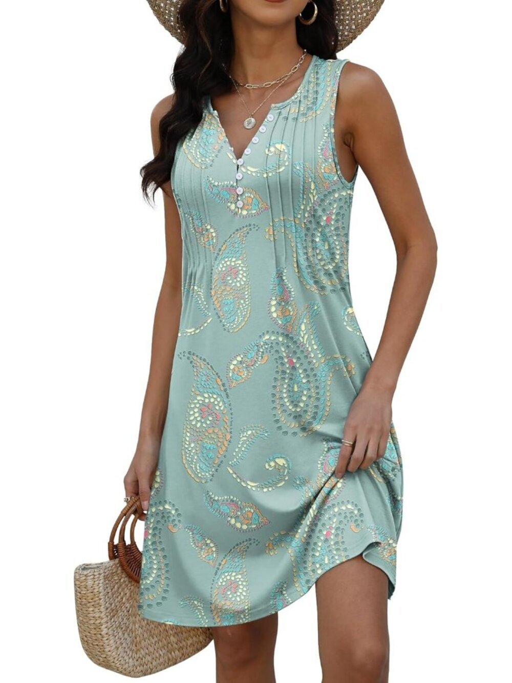Women's Floral Daimond Swim Cover up V-Neck Summer Button Sleeveless Mini Dress - Picture 2 of 5